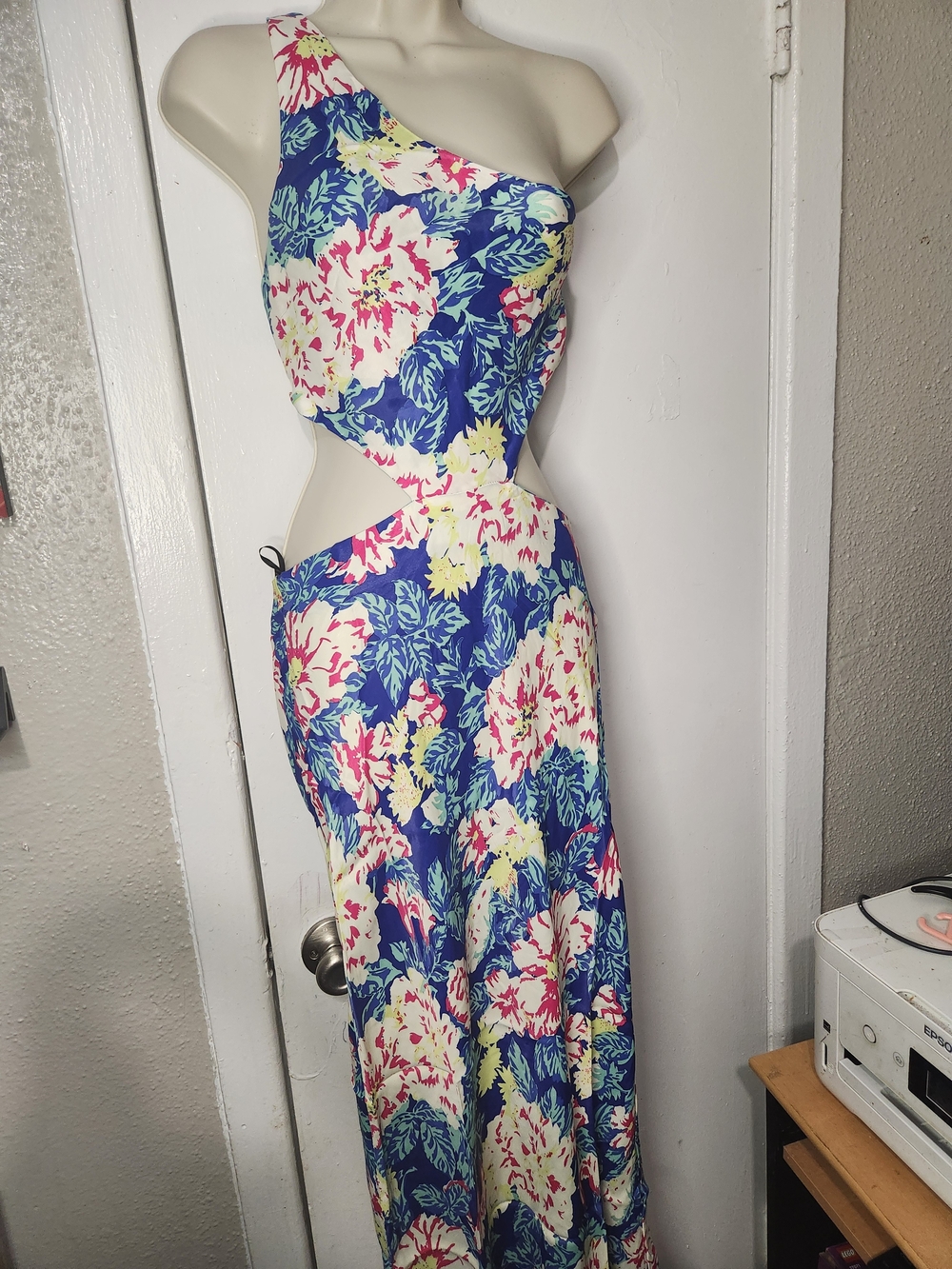 Forever 21 Blue Floral One-Shoulder Maxi Dress with Pink and Yellow Accents